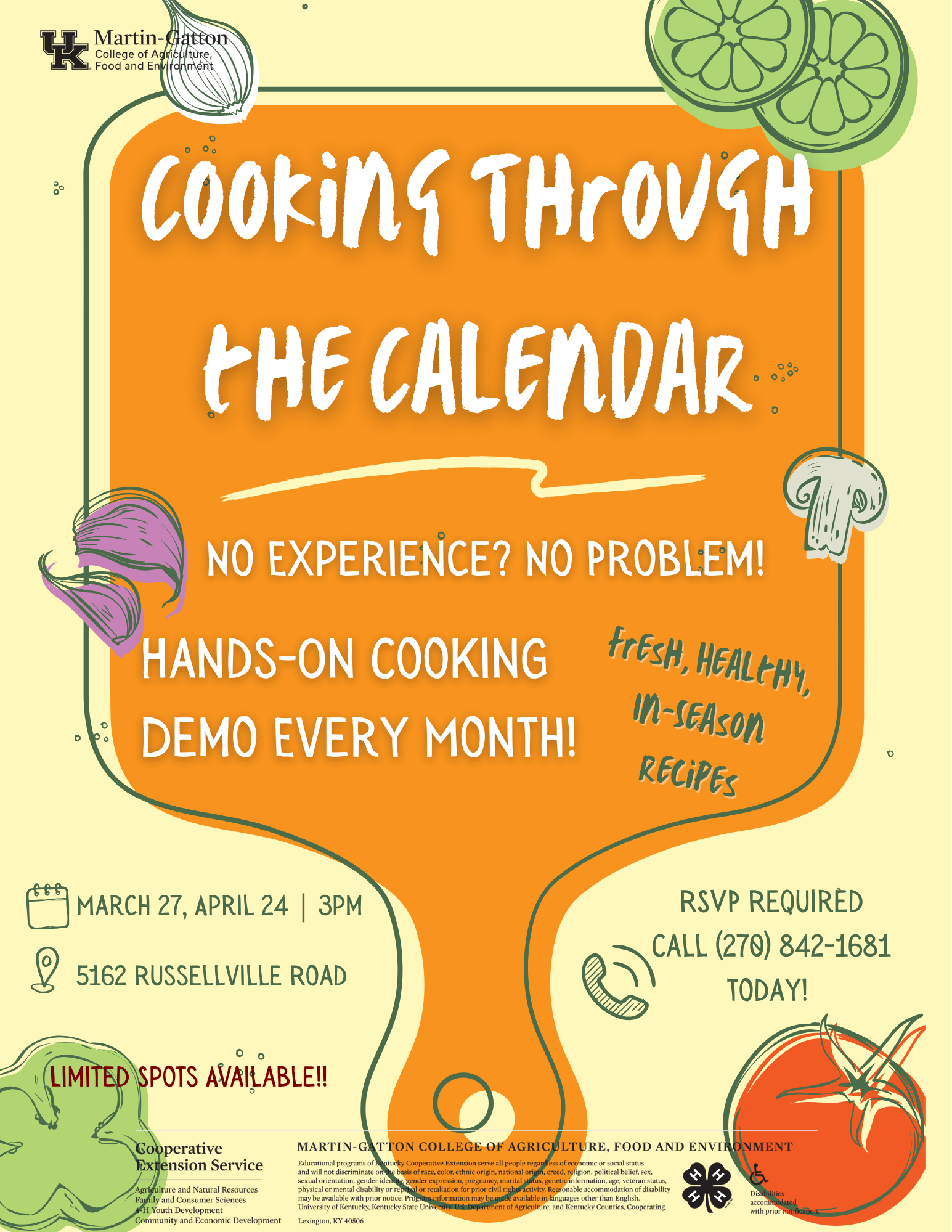 Cooking through the calendar flyer. The date is April 24th @ 3:00 p.m. This event is being held at the Warren County Extension Office