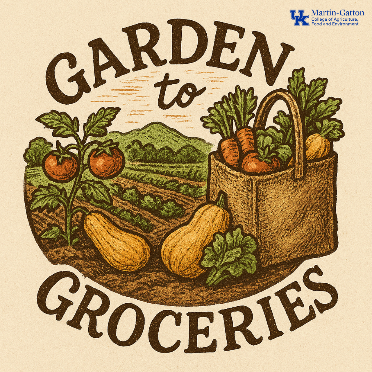 Garden to Groceries logo: Plants from the garden inside a shopping bag