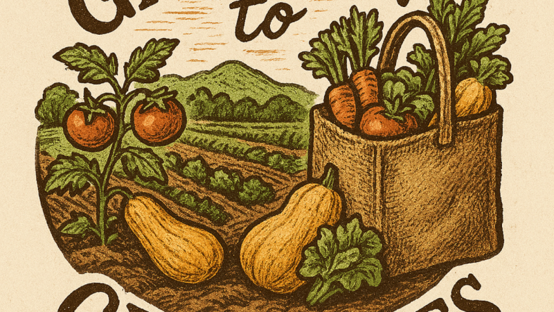 Garden to Groceries logo: Plants from the garden inside a shopping bag